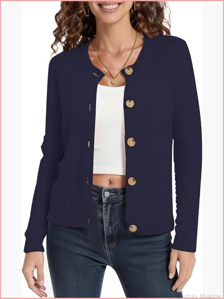 Cable Knit Cardigan Button Down Long Sleeve Regular Fit Lightweight
